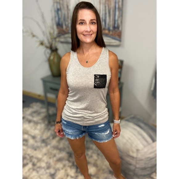 Sequined Pocket Tank Black Gray 1717 - Picture 1 of 5